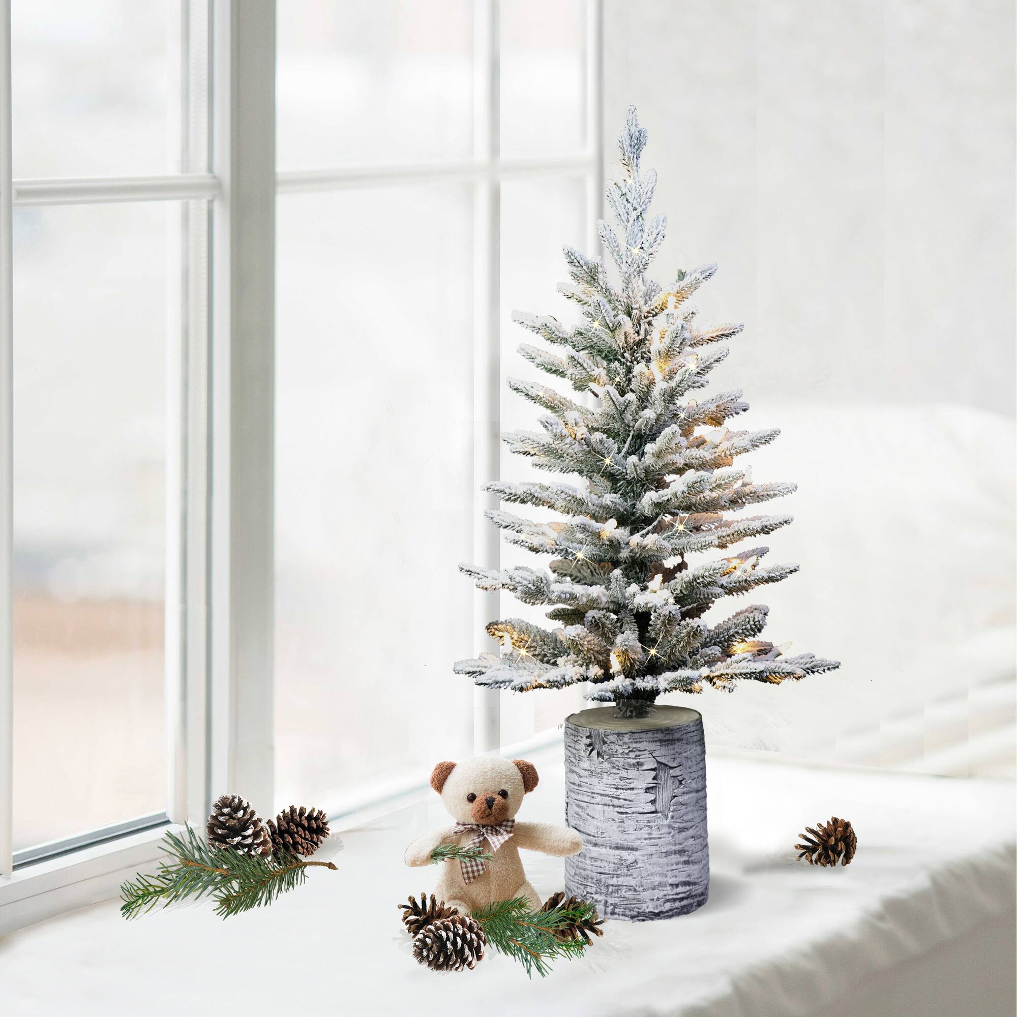 6 Pack: 3ft. Pre-Lit Flocked Arctic Fir Tree in Stump Planter, Warm White LED Lights